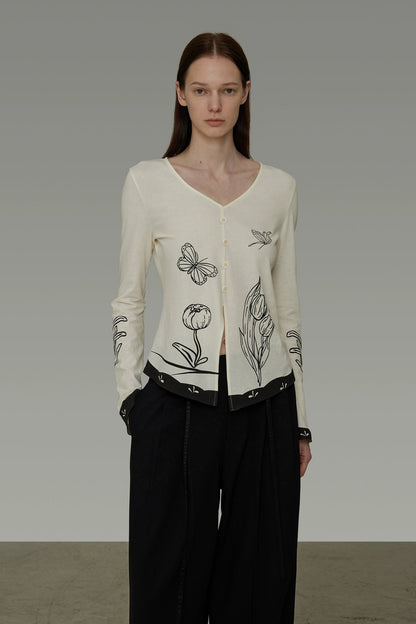 オリジナル手描きプリントVネック長袖トップス　B4193