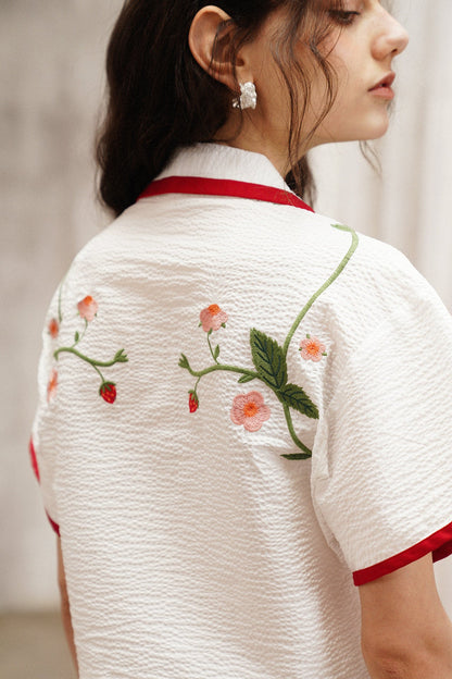 サマーストロベリー刺繍キューバンカラーシャツ　B4794