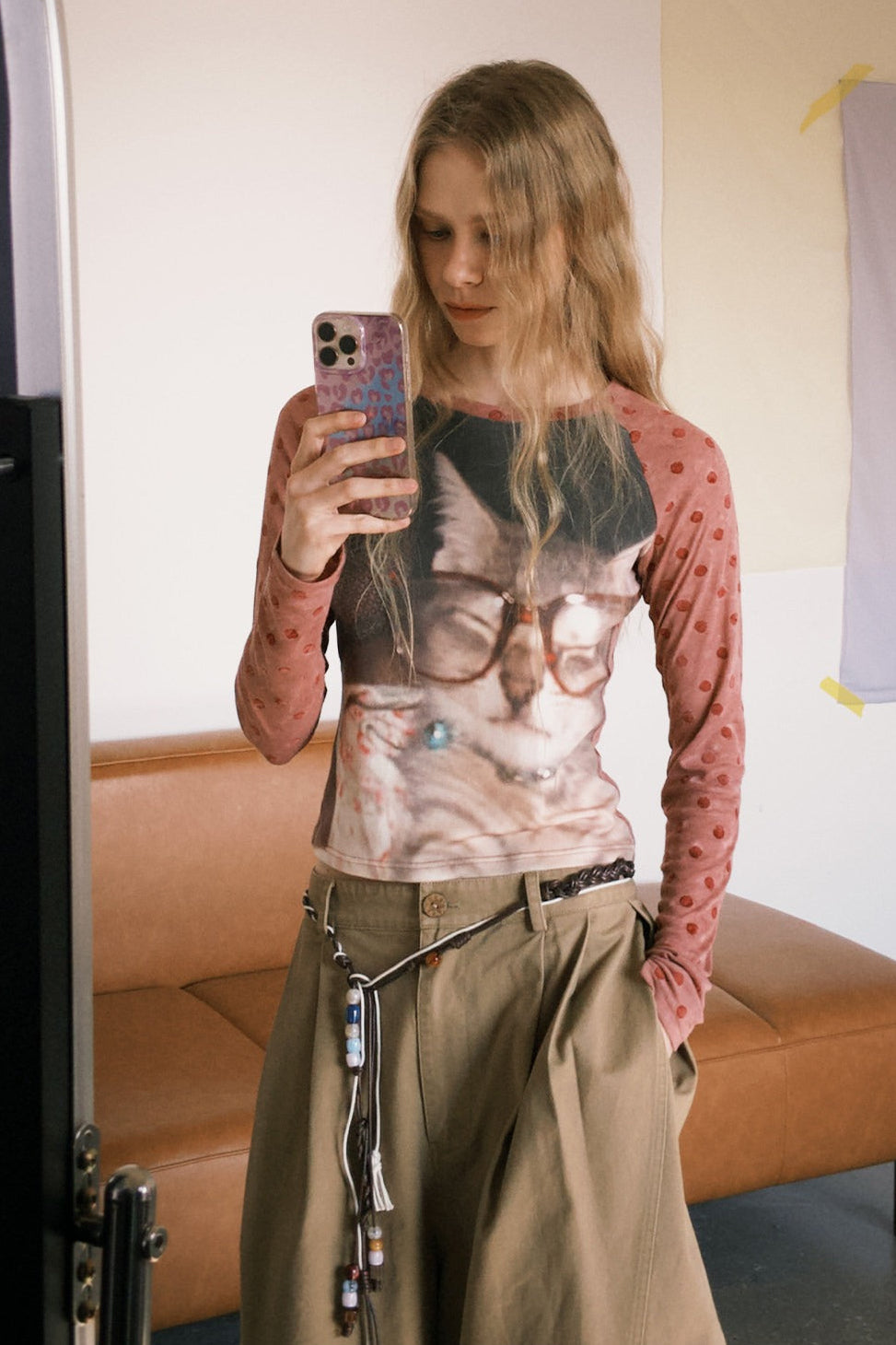 キャットレトロフロック加工ドットTシャツ　B4593