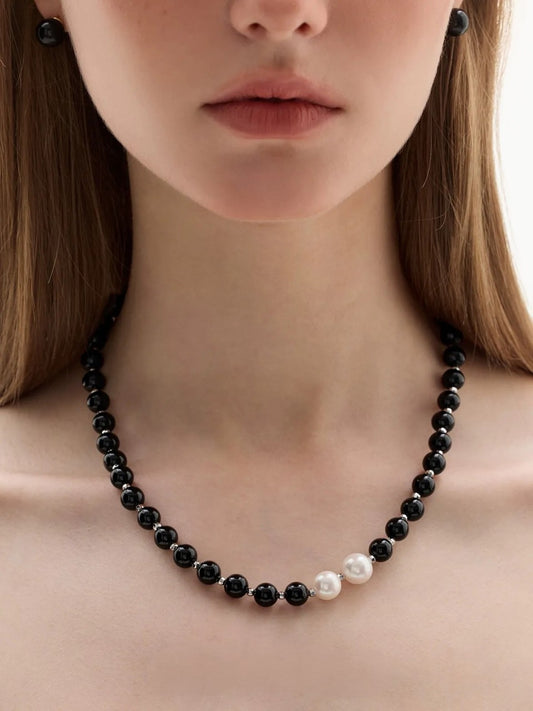 Black onyx pearl retro necklace B2647
