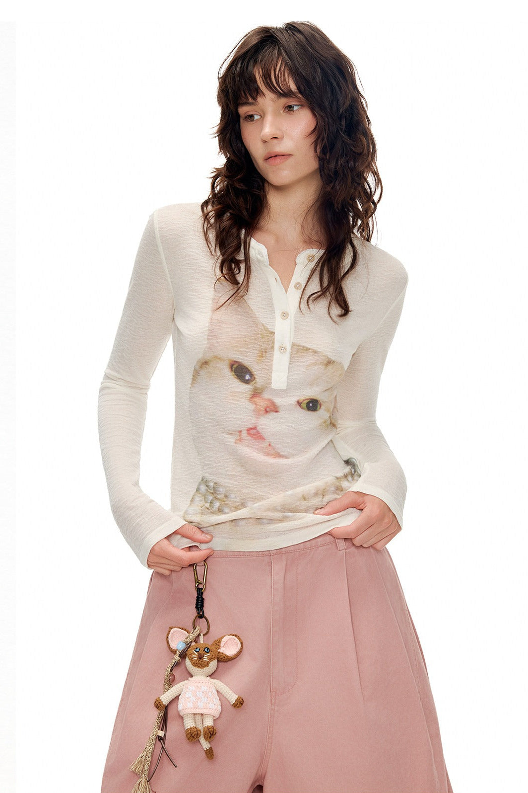 キャットプリントテンセルウールヘンリーネックTシャツ　B4595