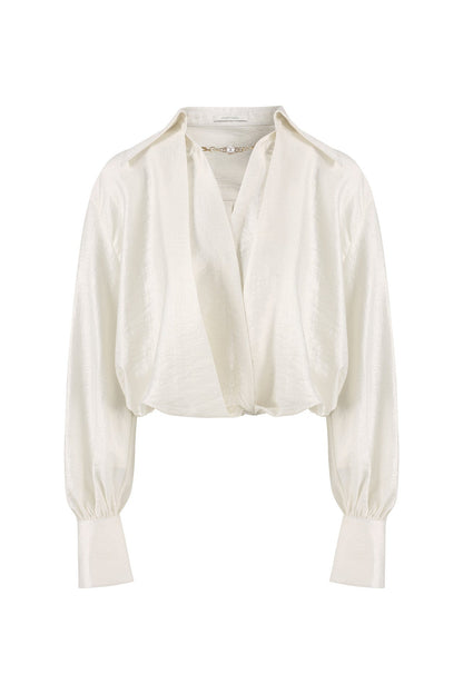 Cross-Wrap Design Faux Layered V-Neck Shirt B4937