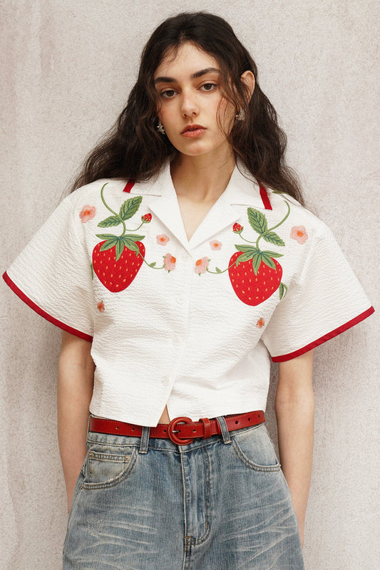 サマーストロベリー刺繍キューバンカラーシャツ　B4794