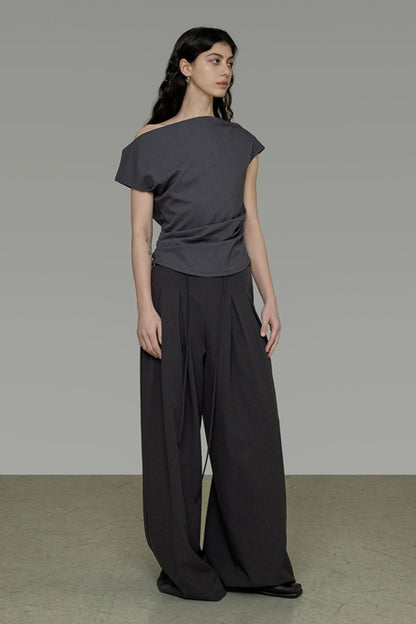 Lace-up double-pleated wide pants B4302