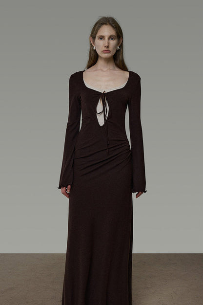 Bicolor Faux Layered Square Neck Flare Sleeve Dress B4940
