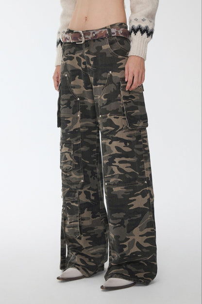 Camouflage Wash Multi-Pocket Cargo Wide Pants B4388