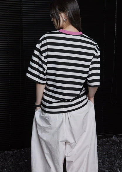 Striped short sleeve loose T-shirt B2756
