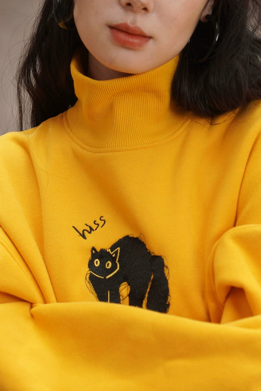 黑貓刺繡黃色高領衛衣 B4449