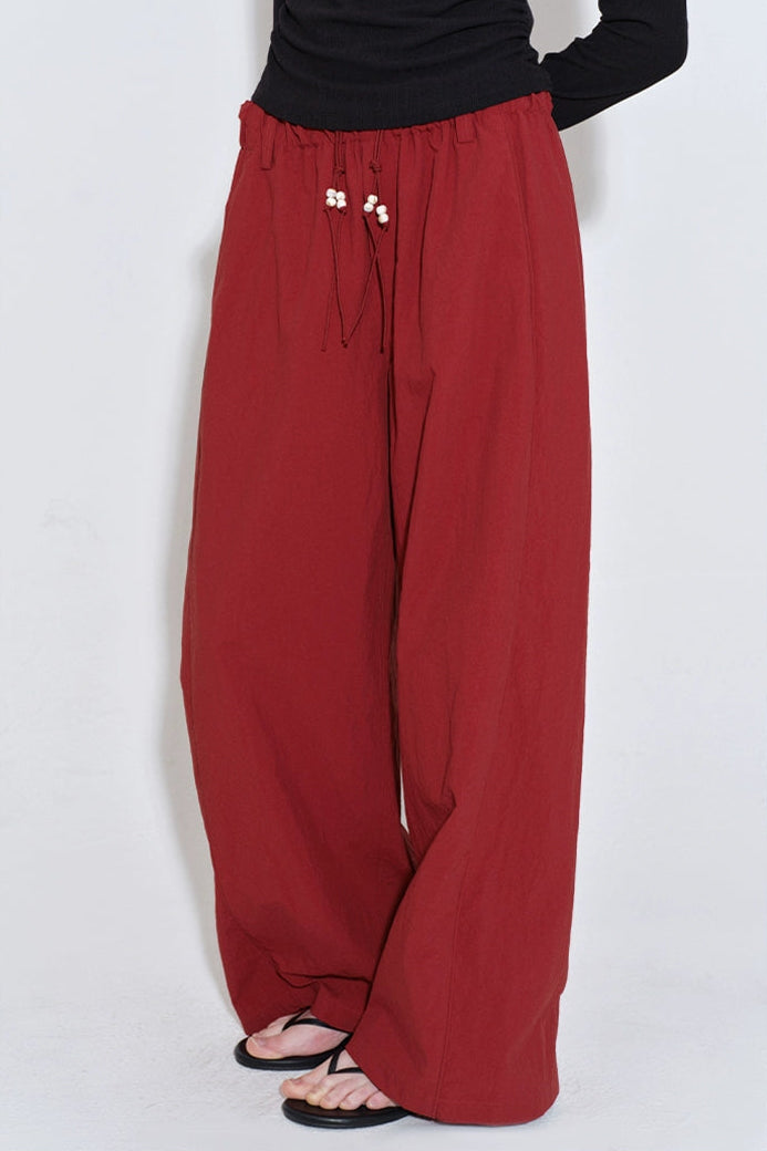 Dark Red Drawstring Beaded Straight Pants B4210