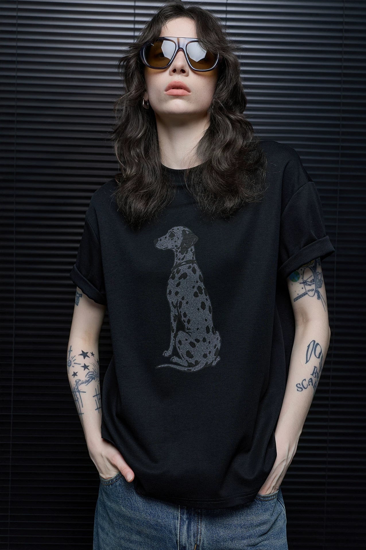 ブラックプリントリラックス半袖Tシャツ 　B4852