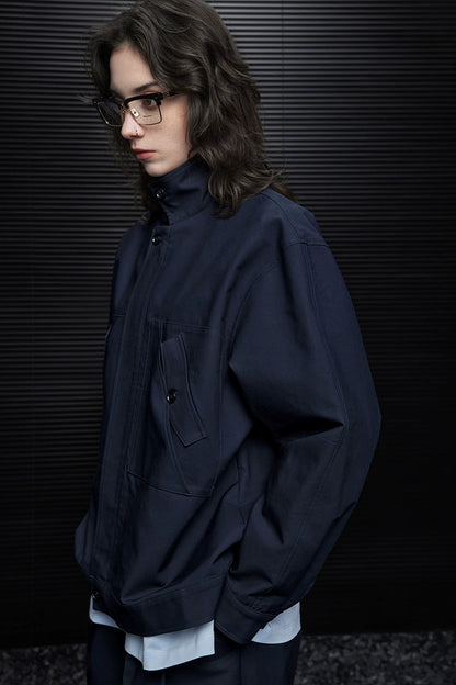 ネイビーブルースタンドカラールーズジャケット　Ｂ3675