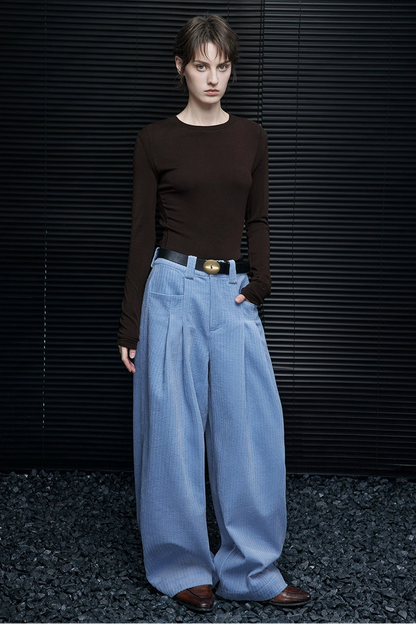Blue corduroy lazy style wide pants B4372