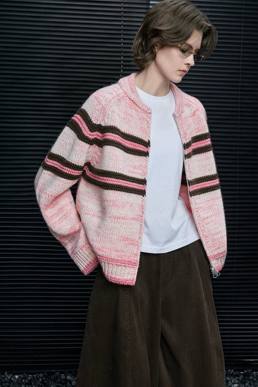 ピンクカラーブロックストライプカーディガン　B4603