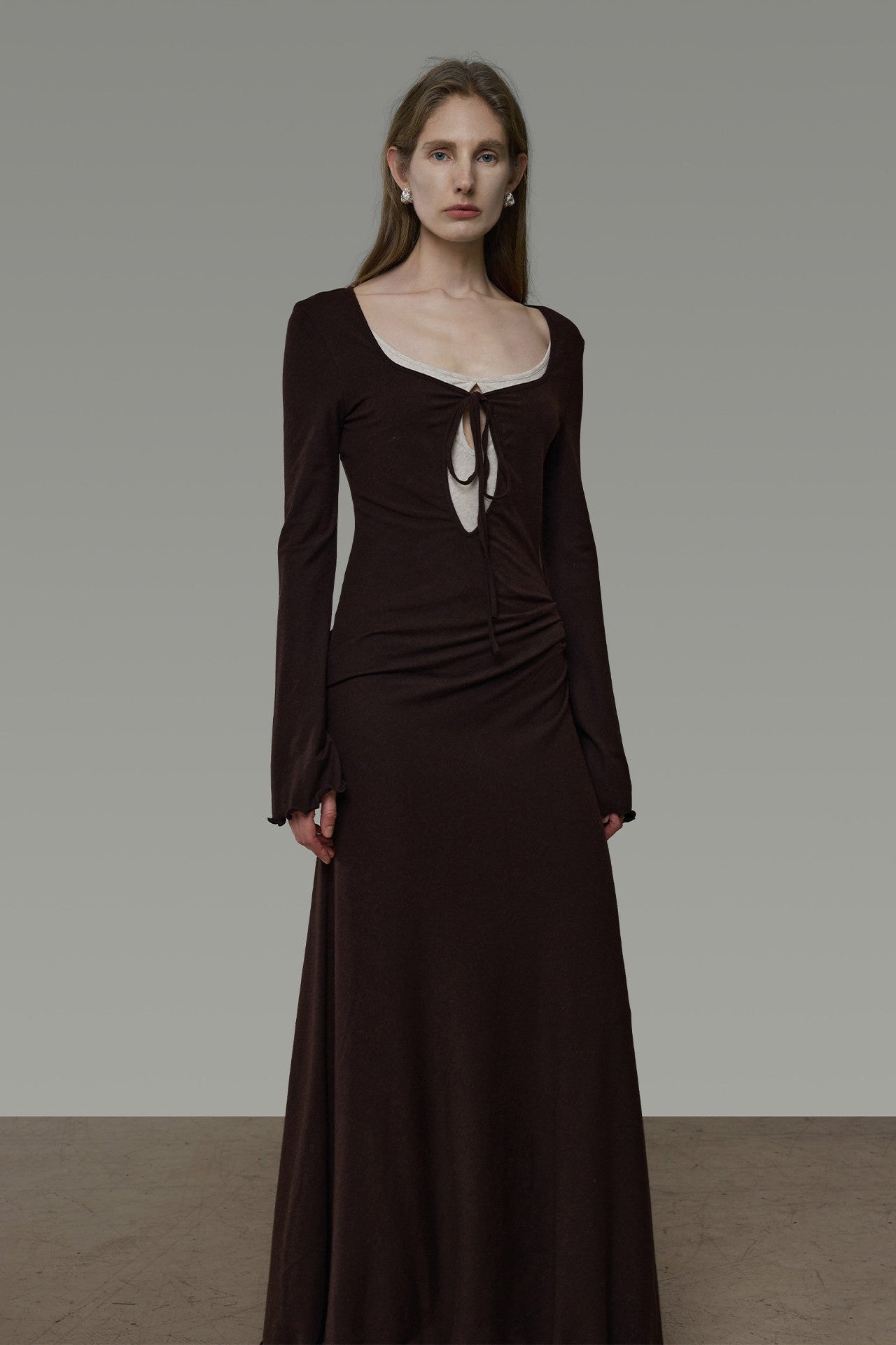 Bicolor Faux Layered Square Neck Flare Sleeve Dress B4940