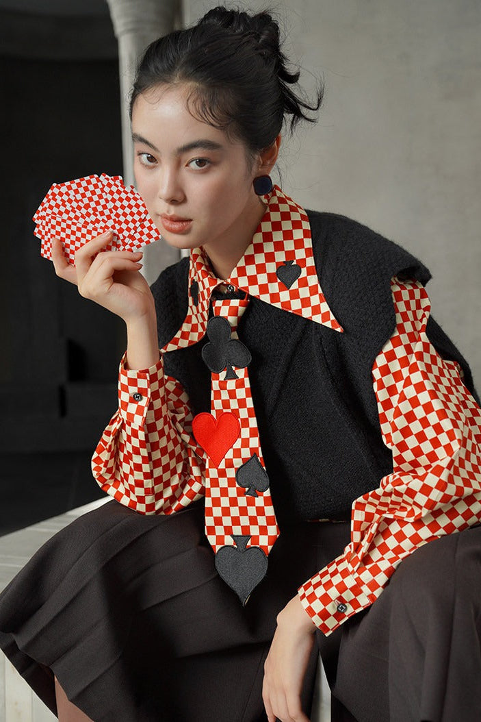 レトロチェック柄トランプ刺繡ラペルシャツ　B4582