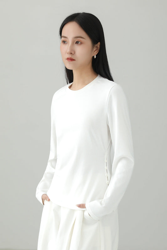 サイドボタンデザインストレッチニットTシャツ　B4661