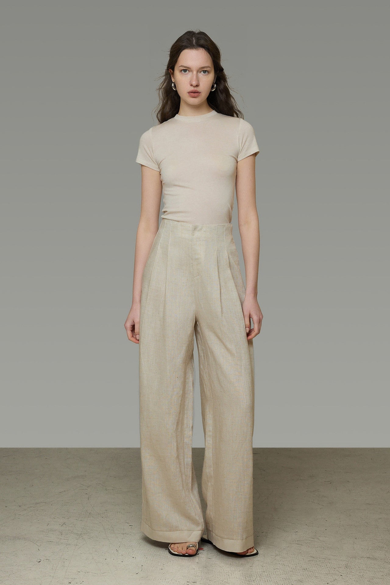 Linen Blend Wide Straight Pants B4774