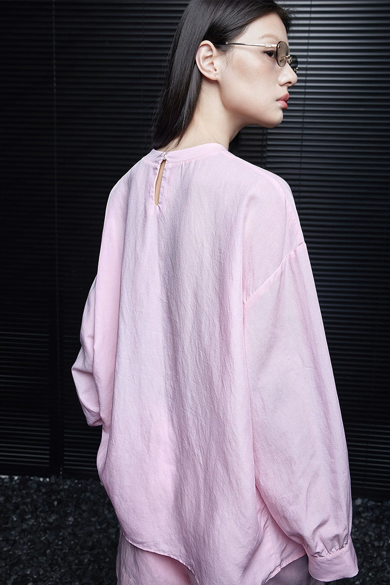 ピンクテンセルリネン長袖カジュアルTシャツ　B4067