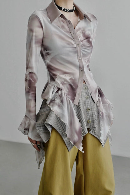 蝴蝶印花腰部荷葉邊襯衫 B4257