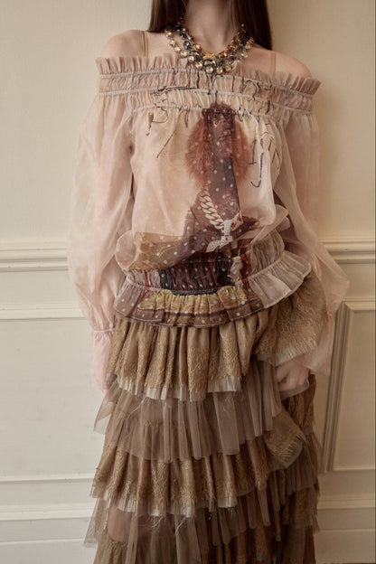 ドッグラブワンショルダーシフォンプリントトップス　B4643