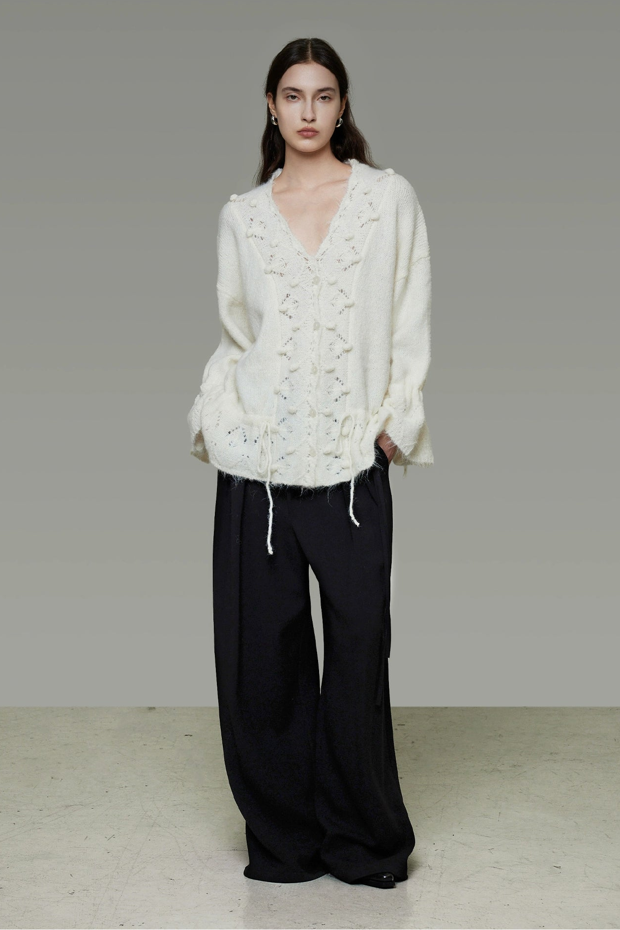 V-neck wool drawstring cardigan B4486