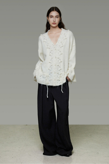 V-neck wool drawstring cardigan B4486