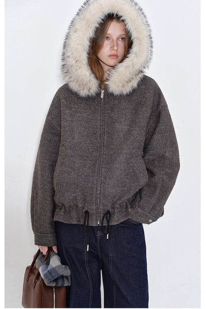人造毛皮連帽羊毛混紡圈圈保暖外套 B4399