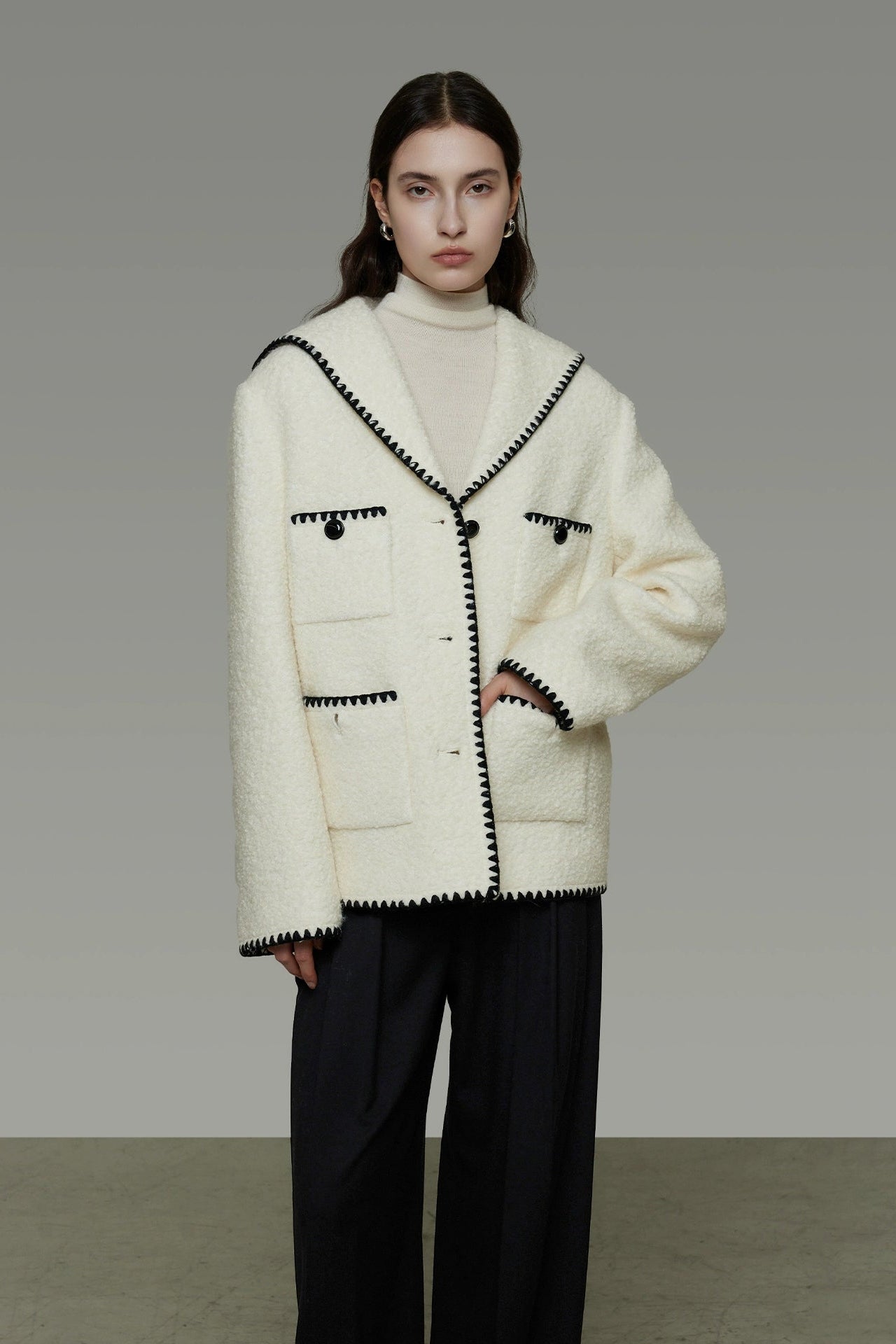 香奈兒風格撞色羊毛混紡大衣 B4490