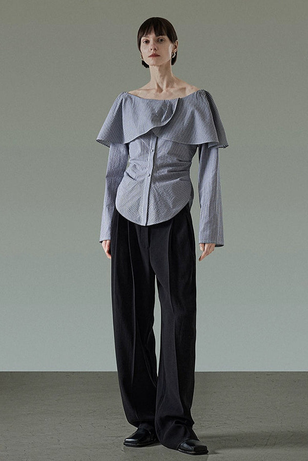 ワンショルダーストライプエレガントトップス　B4196