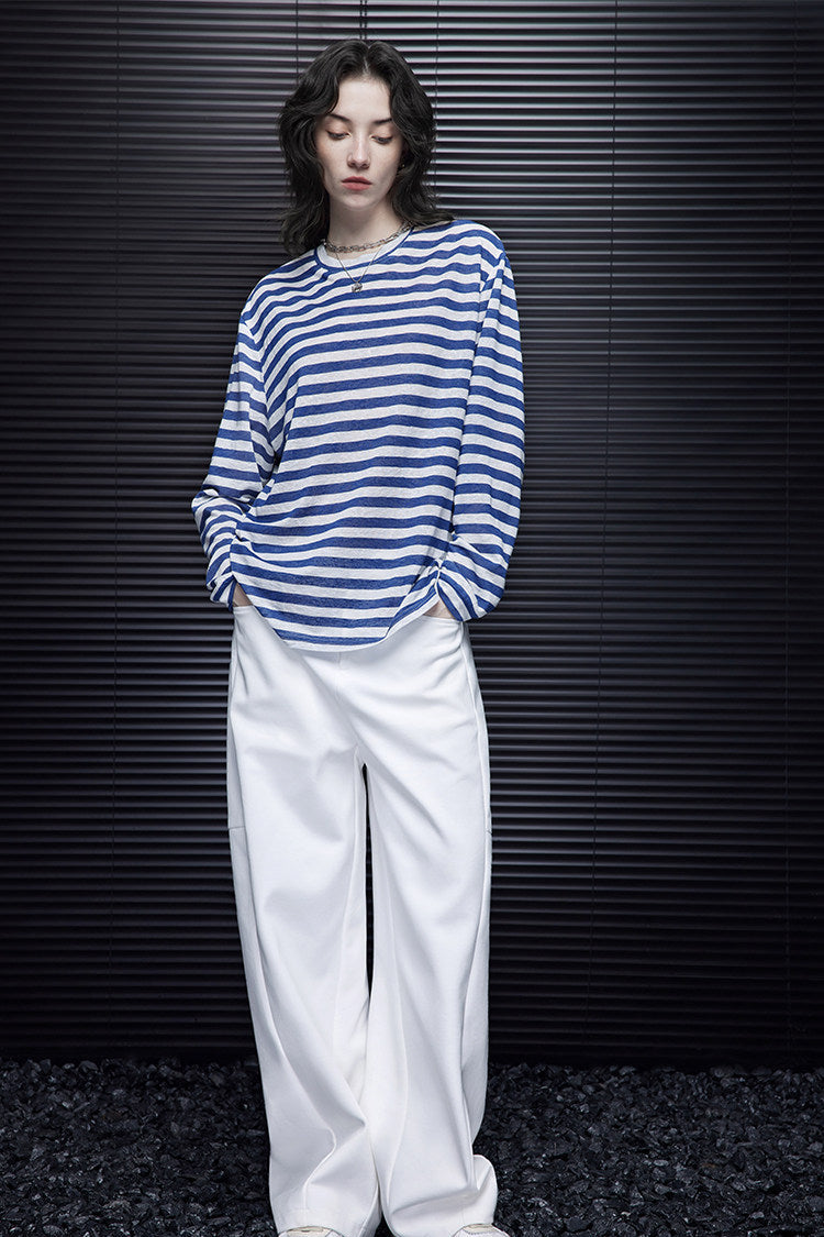 ストライプシンプルルーズ長袖Ｔシャツ　B4690