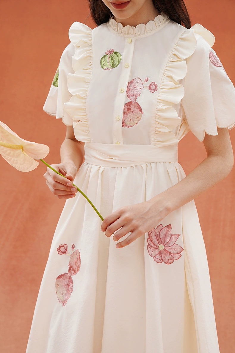 サボテンプリントスカラップフレンチヴィンテージ刺繡ドレス　B3932