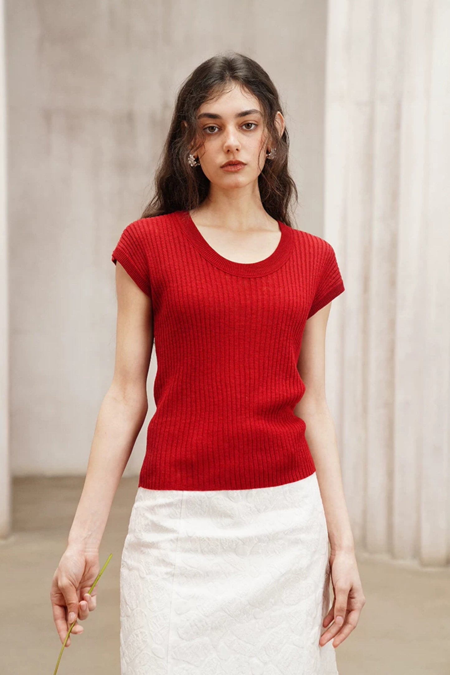 Minimalist Tomato Red Slim Knit T-Shirt B4796