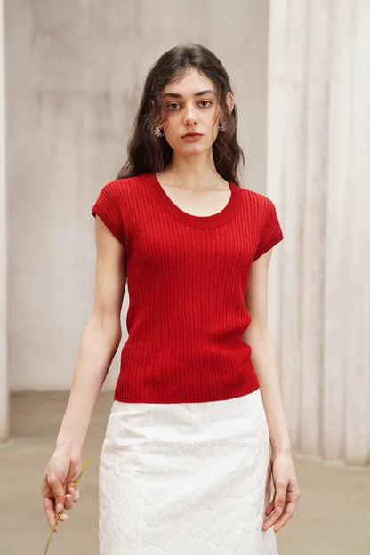 Minimalist Tomato Red Slim Knit T-Shirt B4796