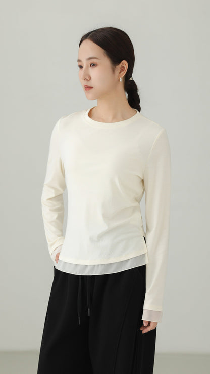 Silk-Trim Layered Hem Long-Sleeve T-Shirt B5003