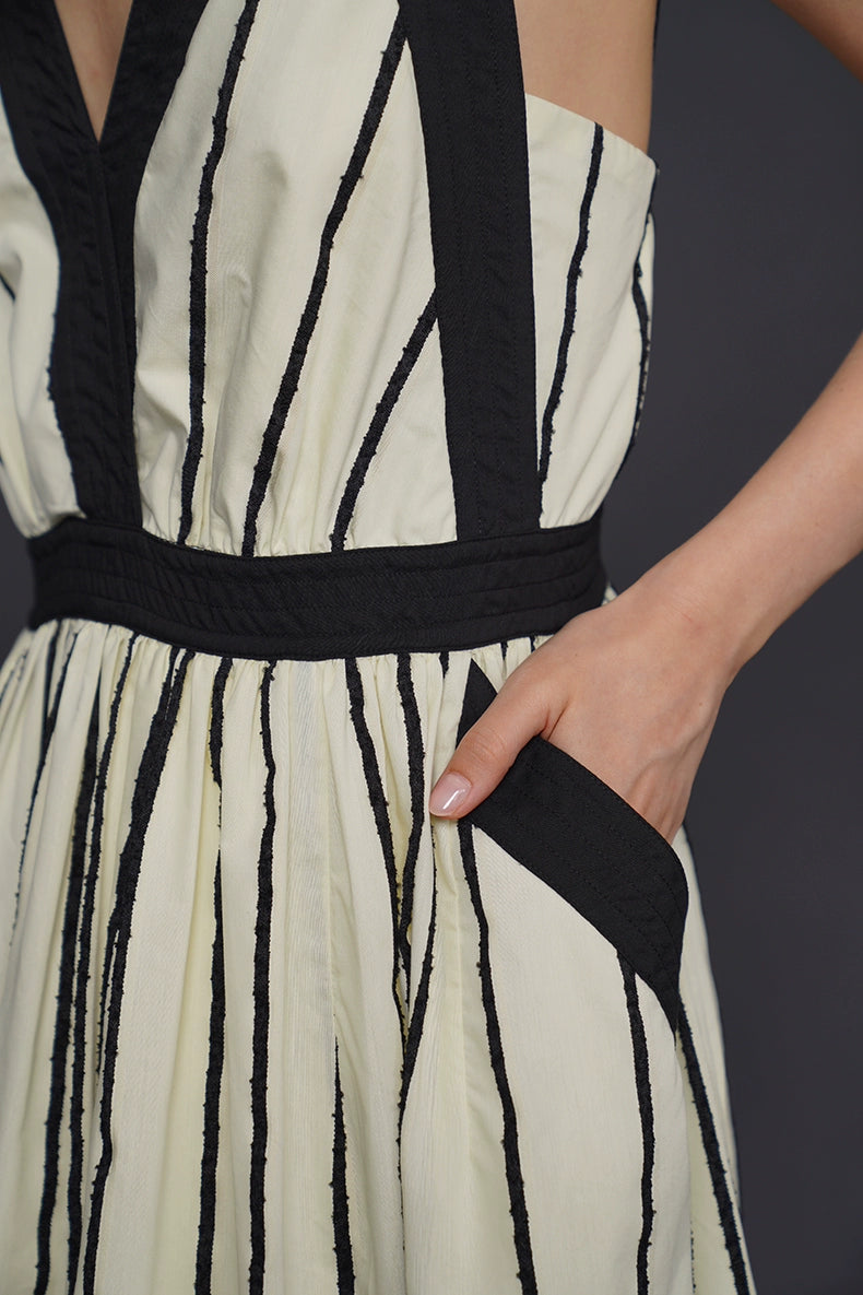 Vintage striped V-neck suspender long dress B4165