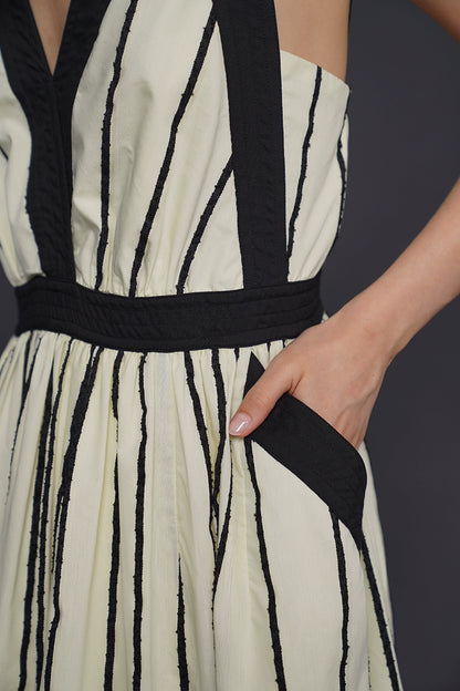 Vintage striped V-neck suspender long dress B4165