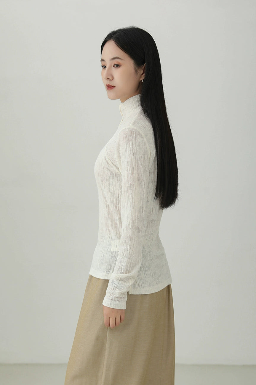 Half-high collar textured long-sleeved T-shirt B4275