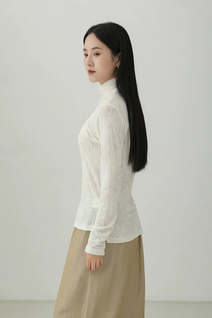 Half-high collar textured long-sleeved T-shirt B4275