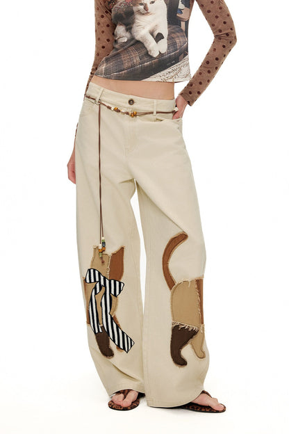 キャットアップリケ刺繡ウオッシュドシミターパンツ　B4592