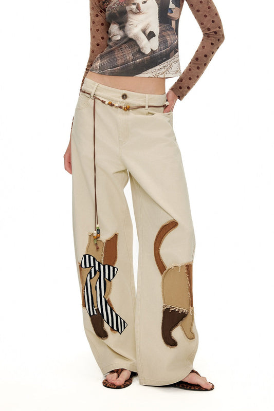 キャットアップリケ刺繡ウオッシュドシミターパンツ　B4592