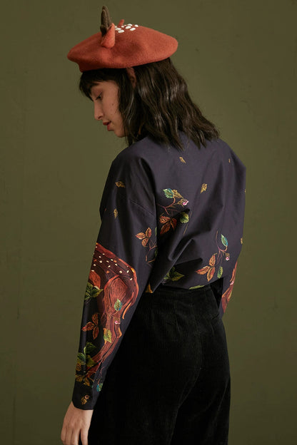 手繪鹿紋寬鬆襯衫 B4460