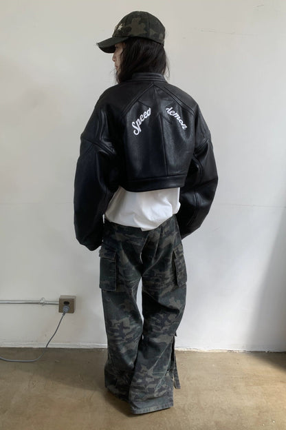 レタープリントフェイクレザーライダースクロップドジャケット　B4390