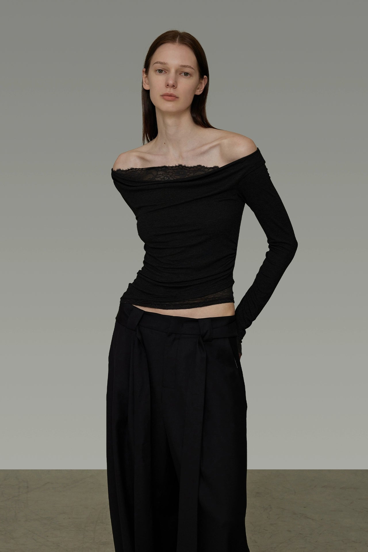 レースステッチワンショルダースリムトップス　B4195