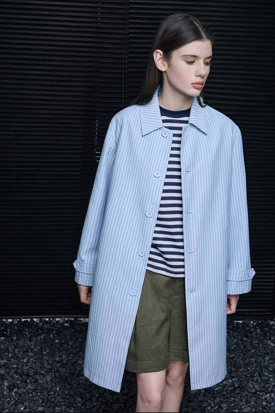 Sax Blue Puff Stripe Mid-Length Coat B4713