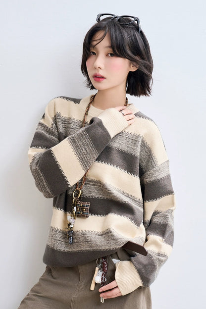 杏色條紋寬鬆毛衣 B4433