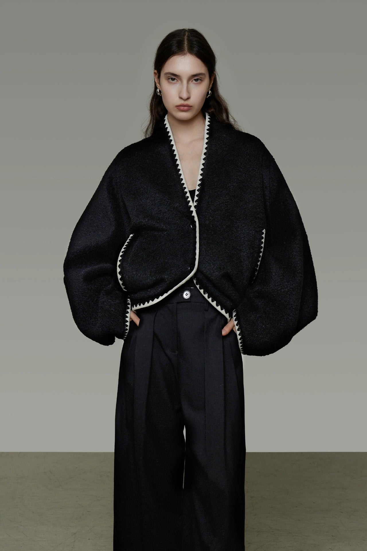 撞色落肩羊毛混紡大衣 B4489