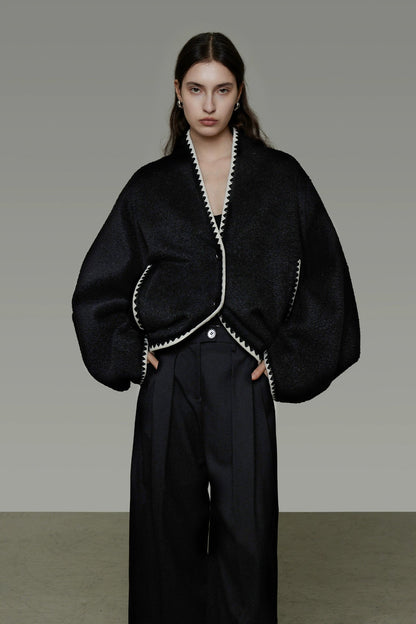 撞色落肩羊毛混紡大衣 B4489