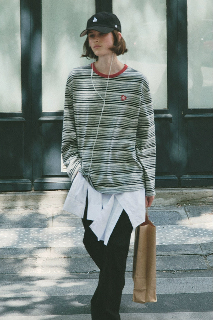 條紋撞色長袖T卹 B4215