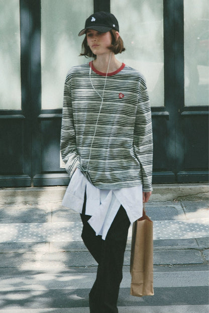 條紋撞色長袖T卹 B4215