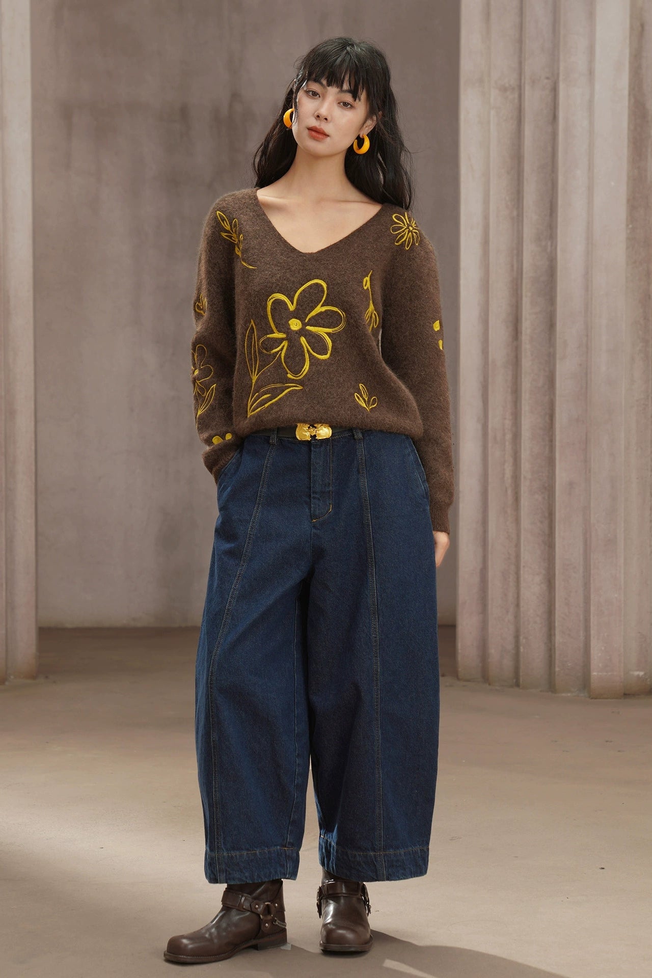 普魯士藍闊腿彎刀牛仔褲 B4448